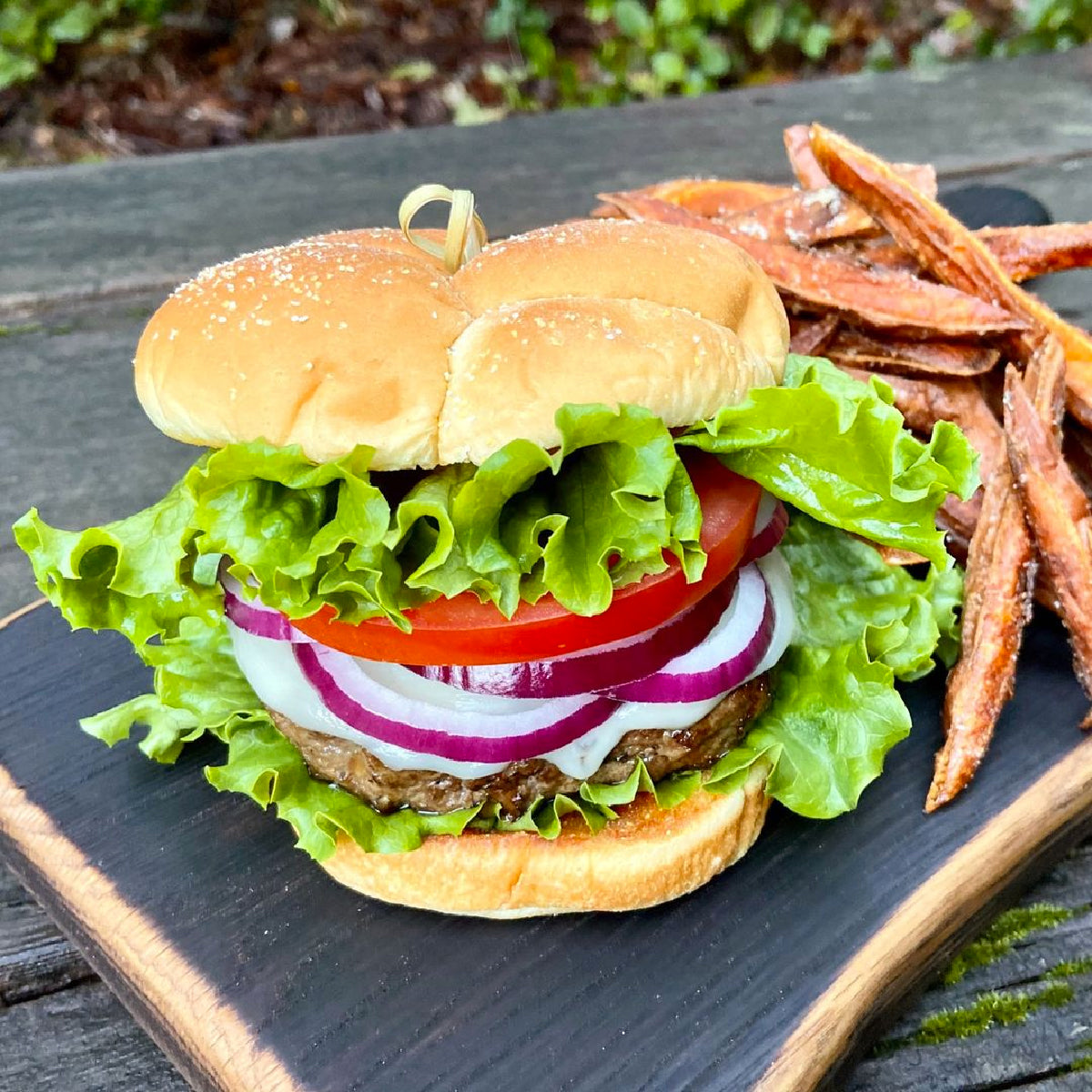 venison-burger-sweet-potato-fries-johnny-s-fine-foods